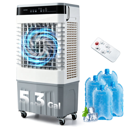 White 2100 CFM 3-in-1 evaporative air cooler with 5.3-gallon water tank for indoor and outdoor climate cooling.