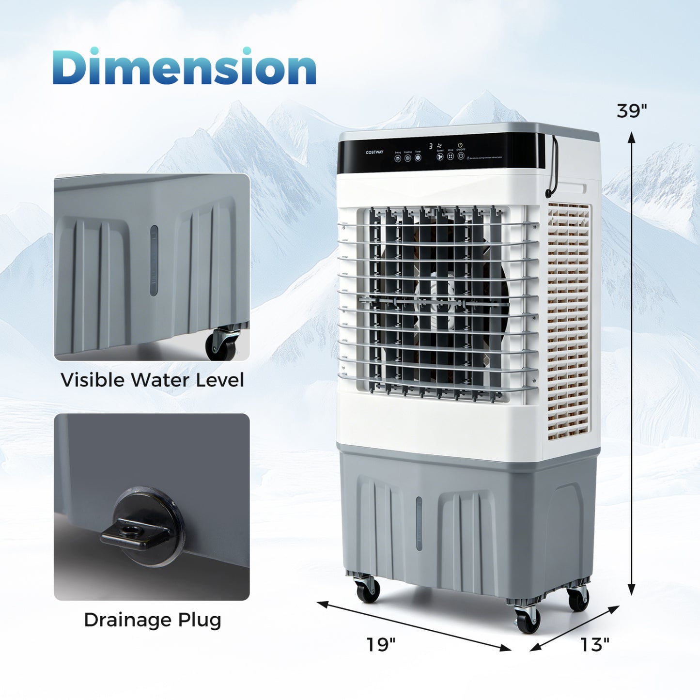 White 2100 CFM 3-in-1 evaporative air cooler with 5.3-gallon water tank, ideal for indoor and outdoor climate control.