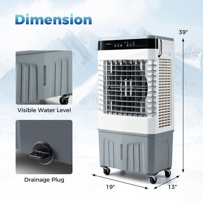 White 2100 CFM 3-in-1 evaporative air cooler with 5.3-gallon water tank, ideal for indoor and outdoor climate control.