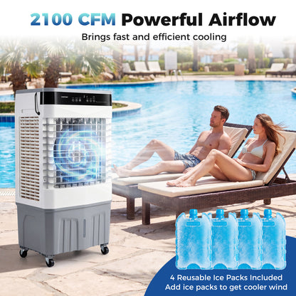 White 2100 CFM 3-in-1 evaporative air cooler with 5.3-gallon water tank for indoor and outdoor climate control.