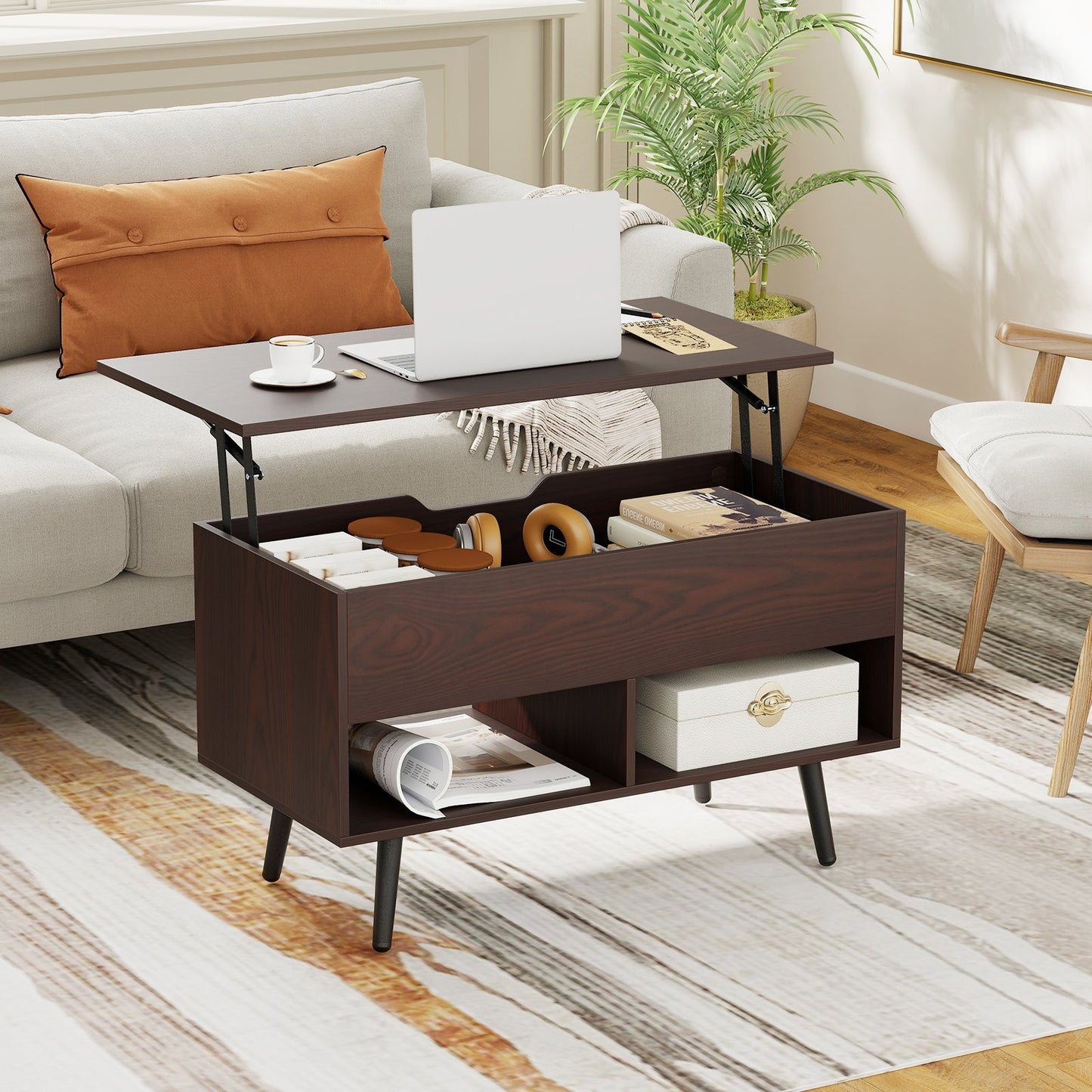 31.5 Inch Lift Top Coffee Table with Hidden Compartment and 2 Storage Shelves-Black