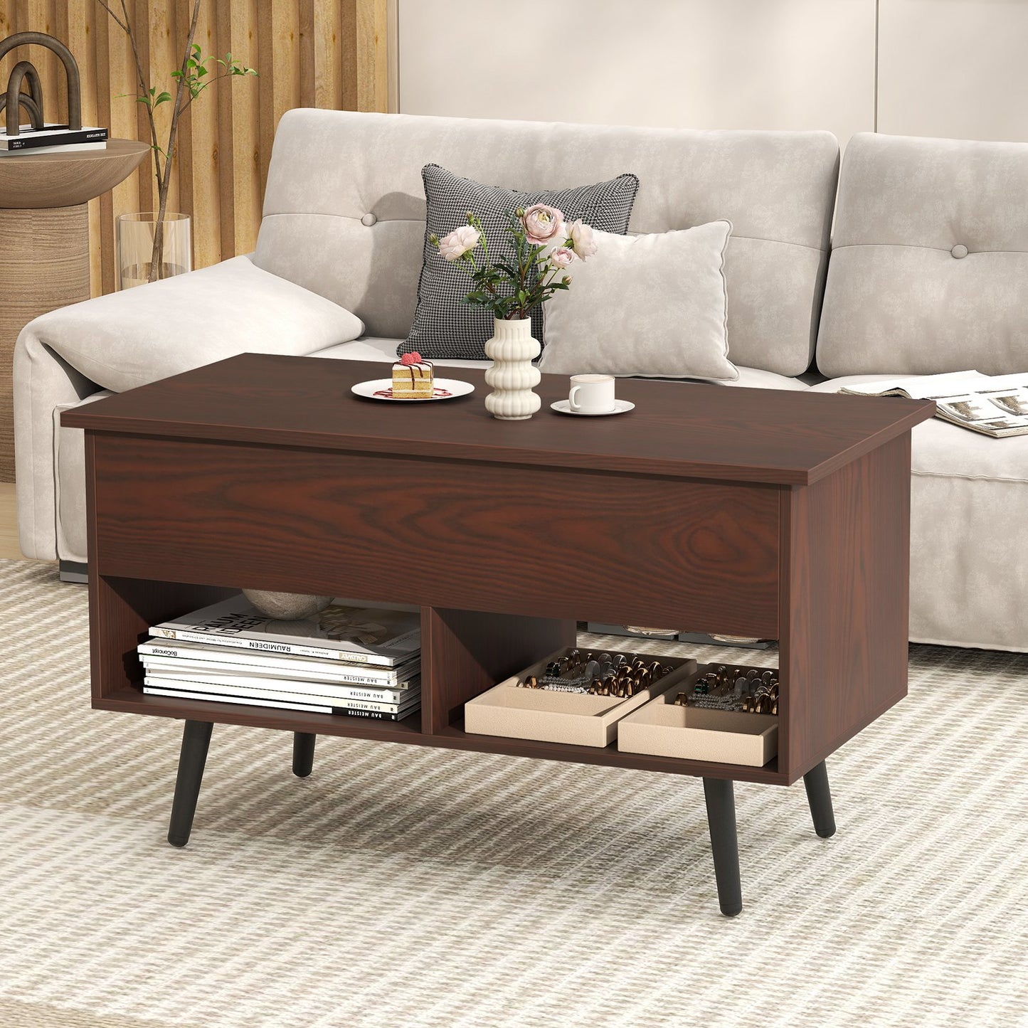 31.5 Inch Lift Top Coffee Table with Hidden Compartment and 2 Storage Shelves-Black