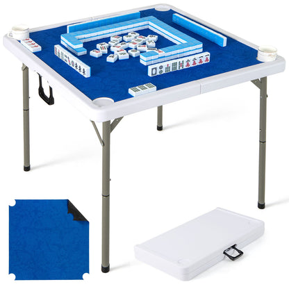 35 Inch 4 Player Game Card Folding Mahjong Table with Cup Holders-Blue
