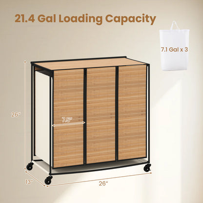 21.4 Gal Laundry Hamper with Lid 3-Section with 2 Lockable Wheels-Gray