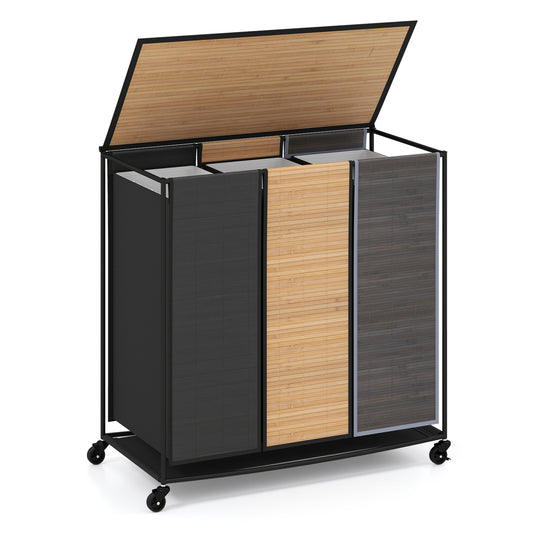 Gray 21.4-gallon laundry hamper with lid, three sections, and two lockable wheels for easy mobility and organization.