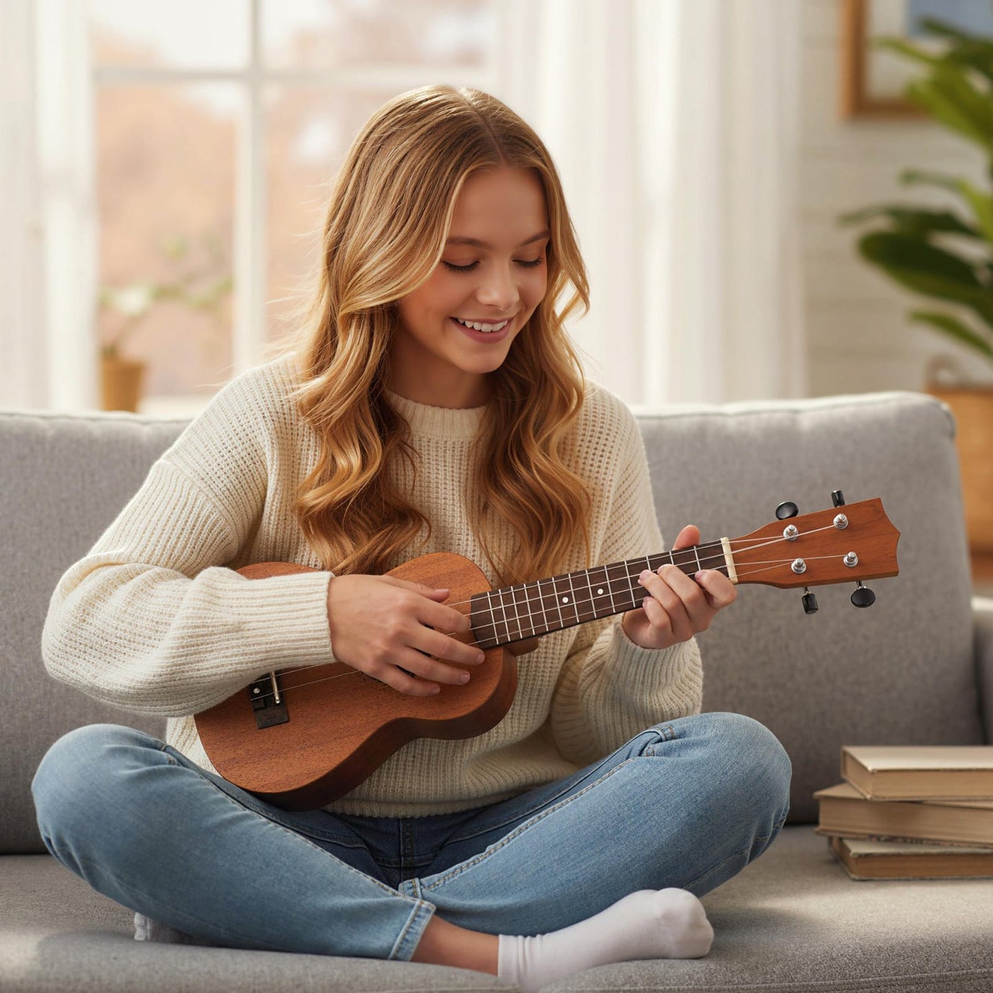 21 Inch Soprano Mahogany Wooden Ukelele Set with Adjustable Strap