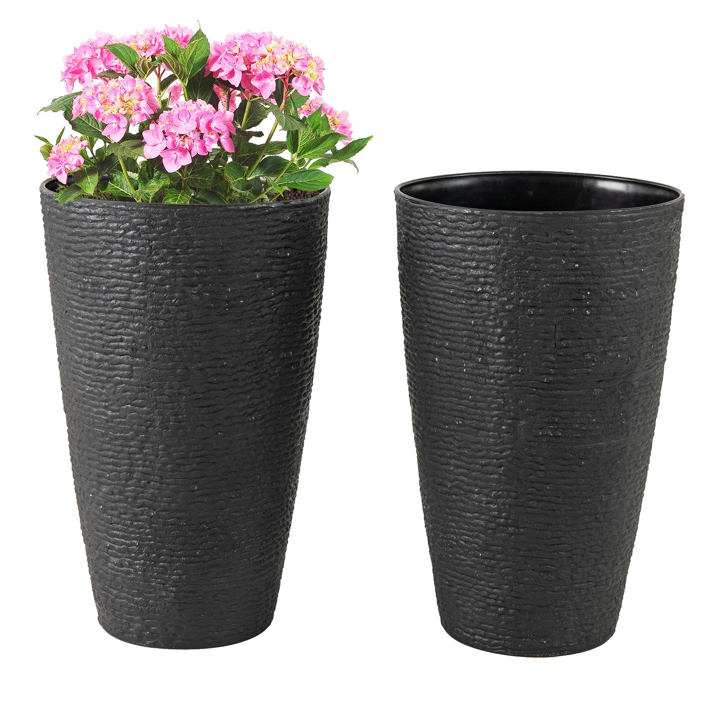 21 Inch Tall Round Plastic Planters Set of 2 Flower Pots with Drainage System-Black