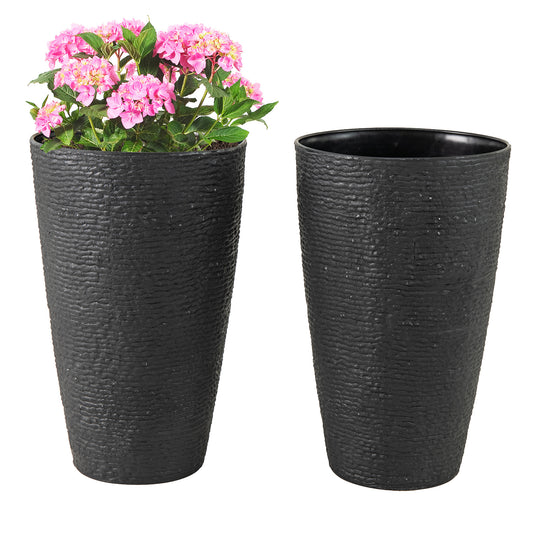 21 Inch Tall Round Plastic Planters Set of 2 Flower Pots with Drainage System-Black