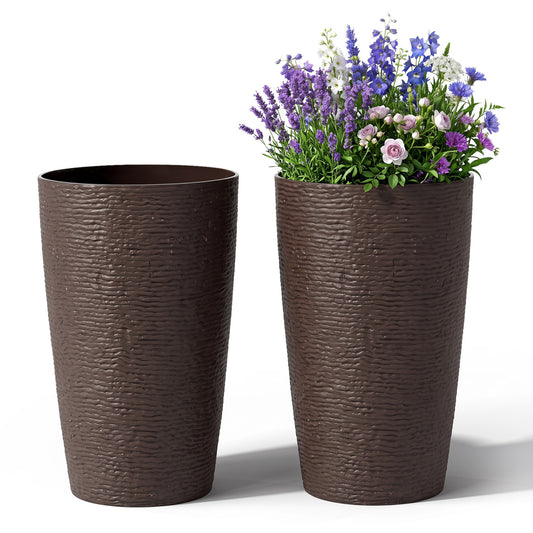 Set of two 21-inch tall round brown plastic garden planters with drainage, ideal for outdoor flower displays or raised garden beds.