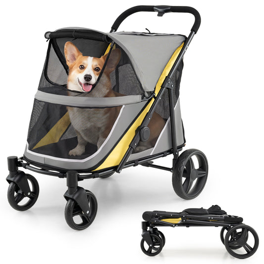 Heavy-duty yellow dog stroller for large and medium dogs with top and front windows, one-step foot brake, durable design.