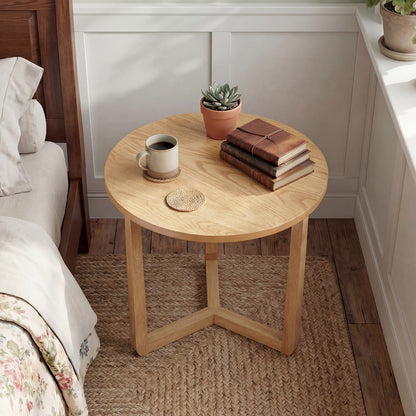 22.5 inch Round Side Table Farmhouse End Table with Sturdy Rubber Wood Legs and Triangular Structure-Natural