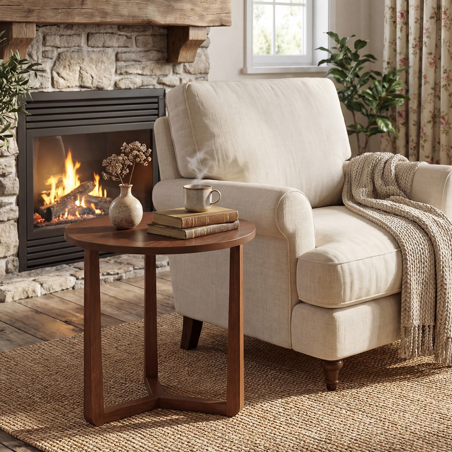 22.5 inch Round Side Table Farmhouse End Table with Sturdy Rubber Wood Legs and Triangular Structure-Natural