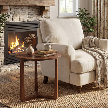 22.5 inch Round Side Table Farmhouse End Table with Sturdy Rubber Wood Legs and Triangular Structure-Natural