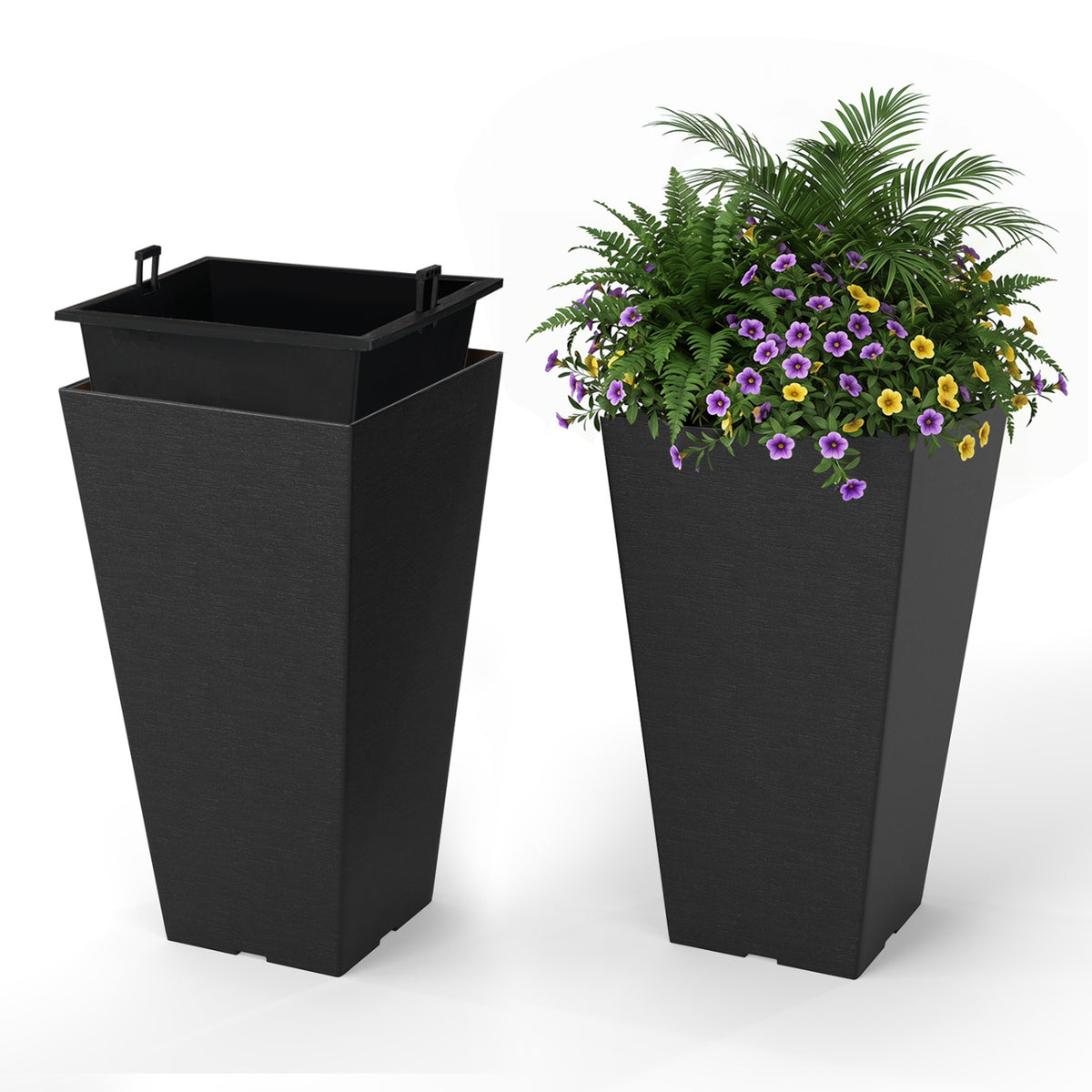 Set of two 22.5-inch tall black square self-watering outdoor garden planters with removable inner buckets.