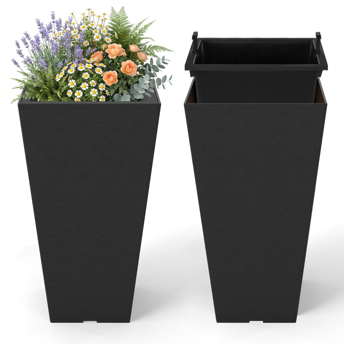 Set of two 22.5-inch tall black square outdoor planters with self-watering feature and removable inner buckets.