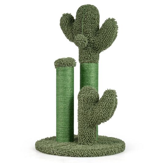 Green 22-inch cactus-shaped cat scratching post with natural sisal rope for cats to scratch and play.