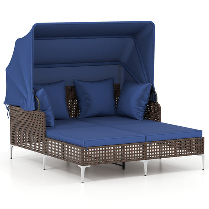 Outdoor Daybed with Retractable Canopy PE Wicker Rattan Patio Lounger-Brown