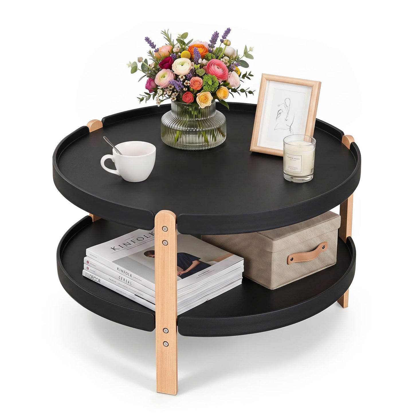 23.5" 2-Tier Round Coffee Table with Solid Wood Legs and Open Storage Shelf-Black