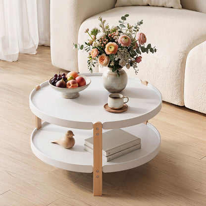23.5" 2-Tier Round Coffee Table with Solid Wood Legs and Open Storage Shelf-Black