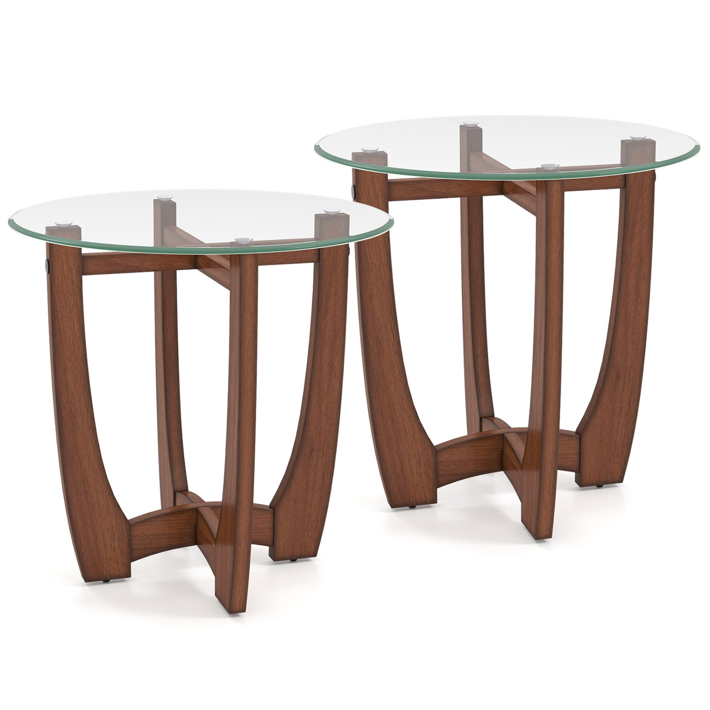 23.5 Inch Round End Side Table Set of 2 with Tempered Glass Tabletop-Walnut