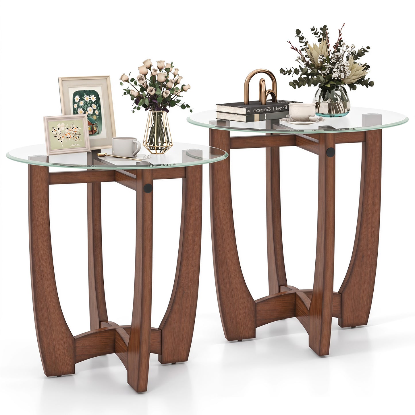 23.5 Inch Round End Side Table Set of 2 with Tempered Glass Tabletop-Walnut