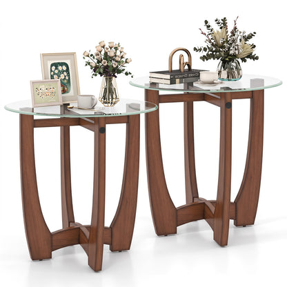 23.5 Inch Round End Side Table Set of 2 with Tempered Glass Tabletop-Walnut