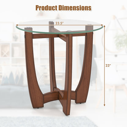 23.5 Inch Round End Side Table Set of 2 with Tempered Glass Tabletop-Walnut