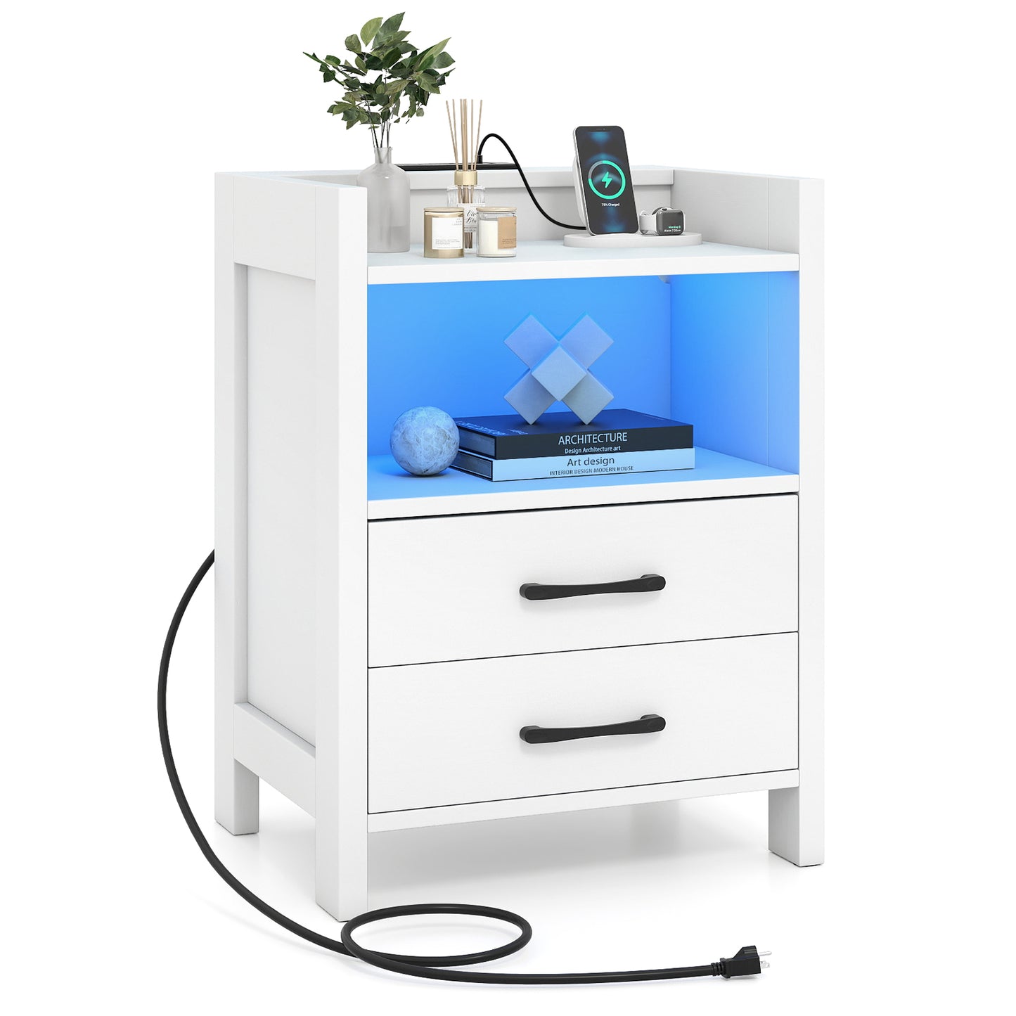 23.5 Inches Nightstand with Charging Station and Open Storage Shelf-White