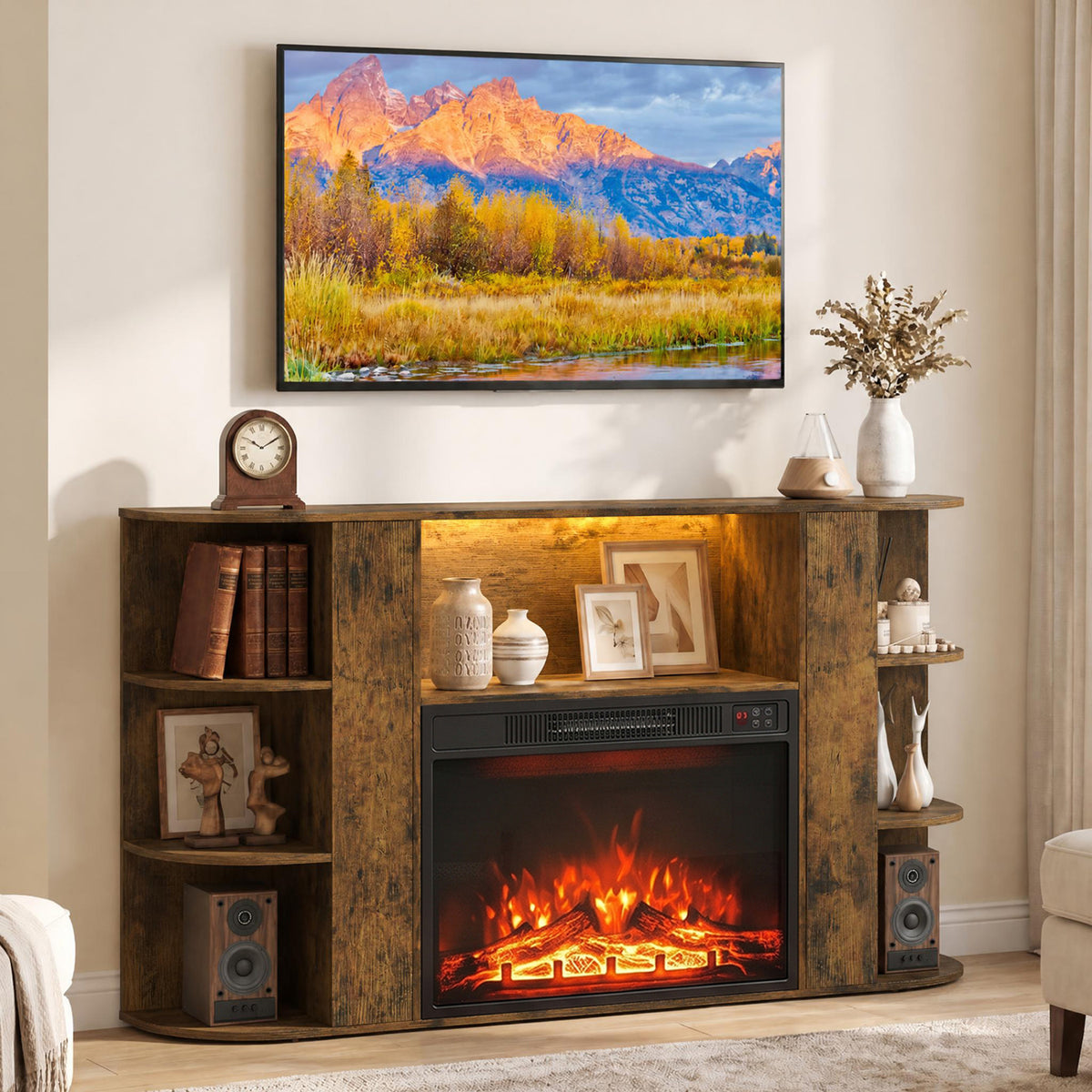 23” Electric Fireplace and 50” Fireplace TV Stand with RGB Lights for Living Room-Natural