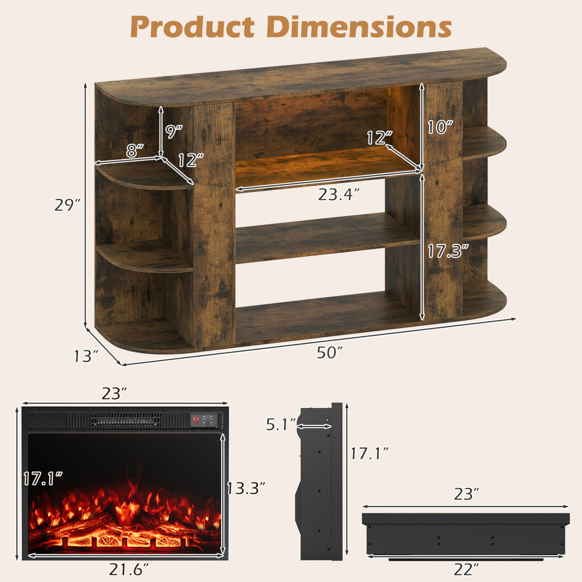 23” Electric Fireplace and 50” Fireplace TV Stand with RGB Lights for Living Room-Natural