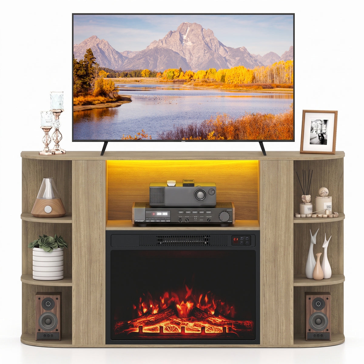 23” Electric Fireplace and 50” Fireplace TV Stand with RGB Lights for Living Room-Natural