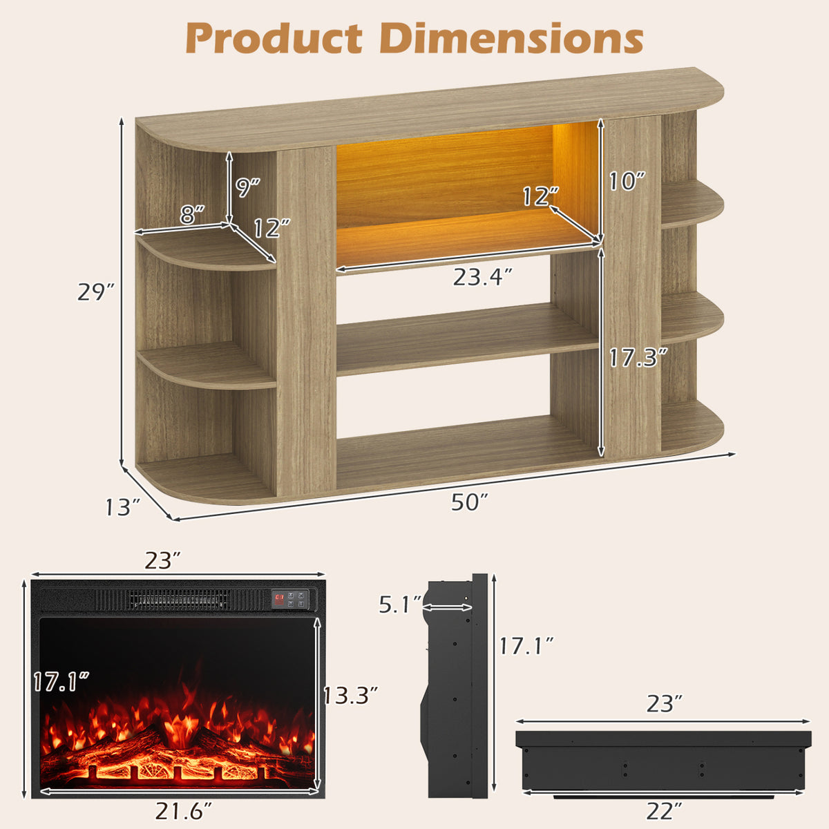 23” Electric Fireplace and 50” Fireplace TV Stand with RGB Lights for Living Room-Natural