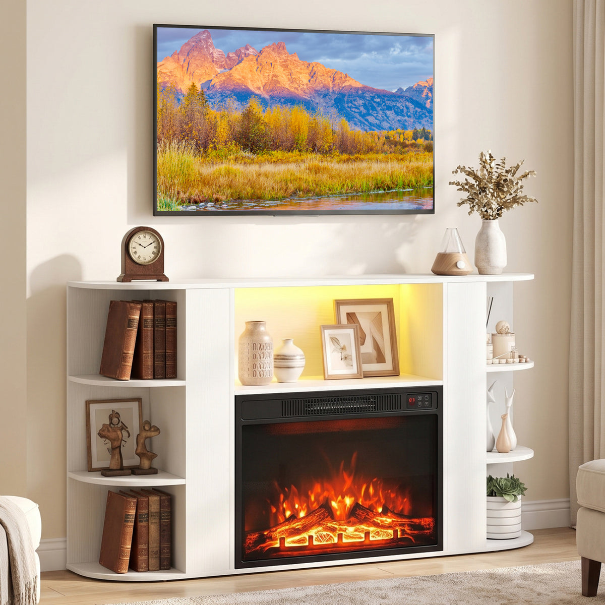 23” Electric Fireplace and 50” Fireplace TV Stand with RGB Lights for Living Room-Natural