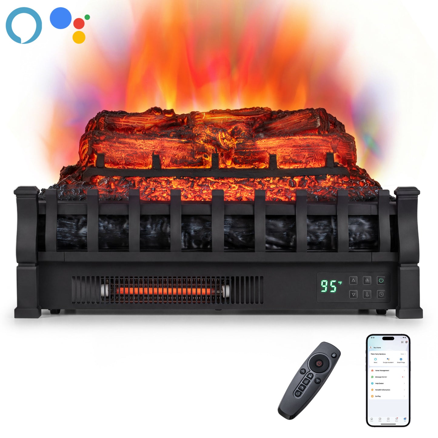 23" WiFi Fireplace Insert Pinewood Set with App and Remote-Black