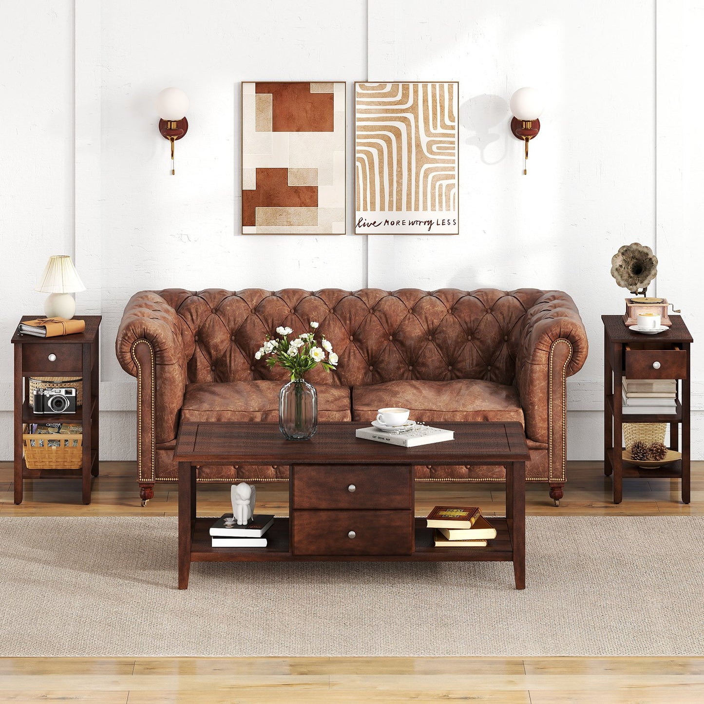 3-Tier Narrow End Table with Drawer and Storage Shelves-Brown