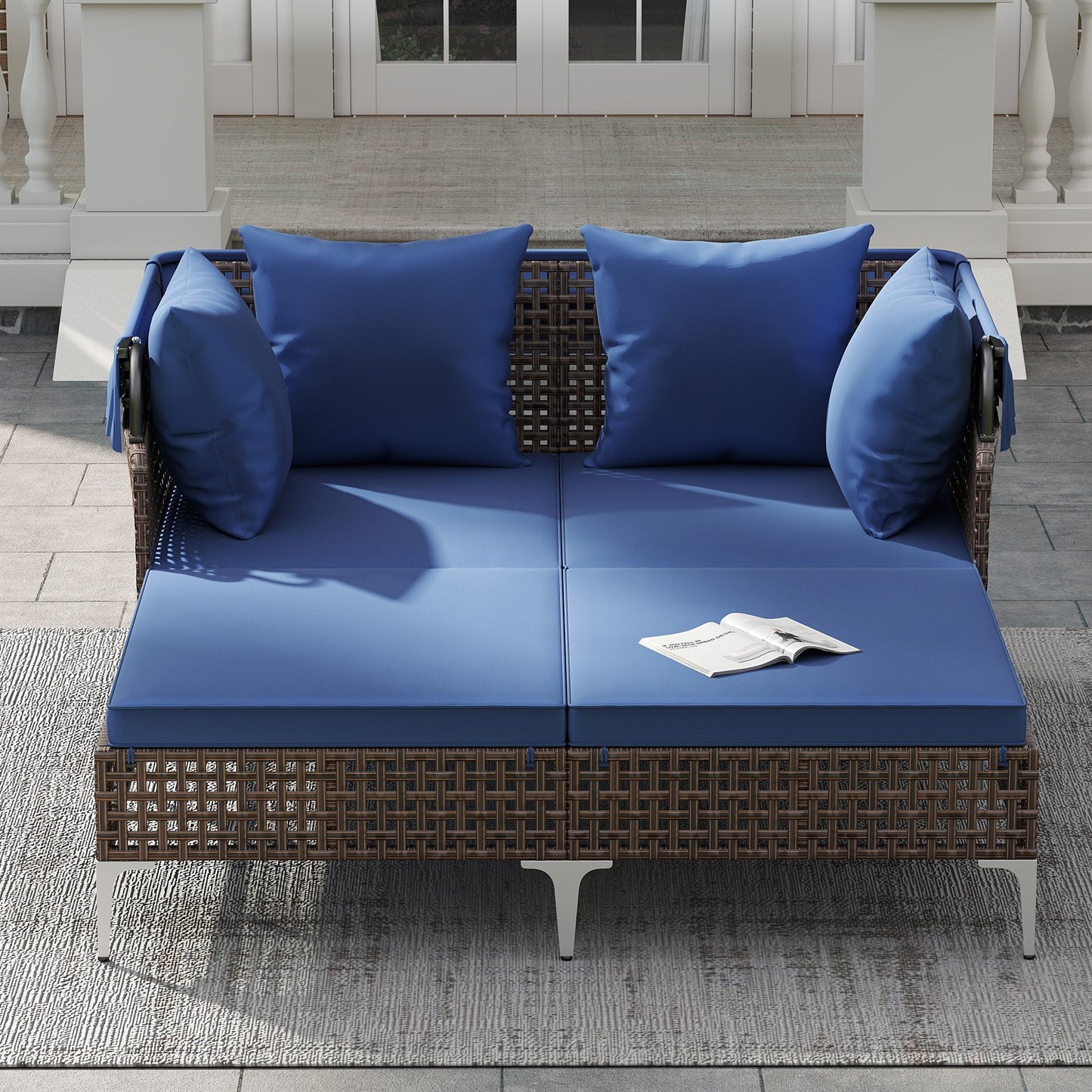 Outdoor Daybed with Retractable Canopy PE Wicker Rattan Patio Lounger-Brown