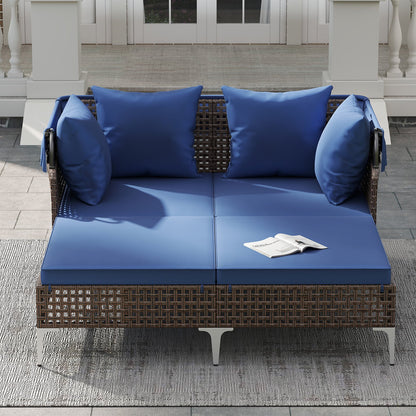 Outdoor Daybed with Retractable Canopy PE Wicker Rattan Patio Lounger-Brown