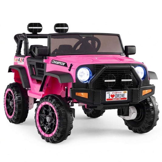 Pink 24V 2-seater kids ride-on truck with lockable doors, music, and 2WD/4WD drive for children’s powered ride-on toy.