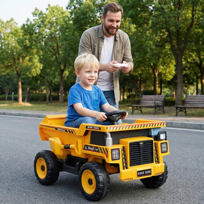 Yellow 24V construction electric ride-on vehicle with dump bed and remote control for children aged 3-8, by Wilsons Home Store.