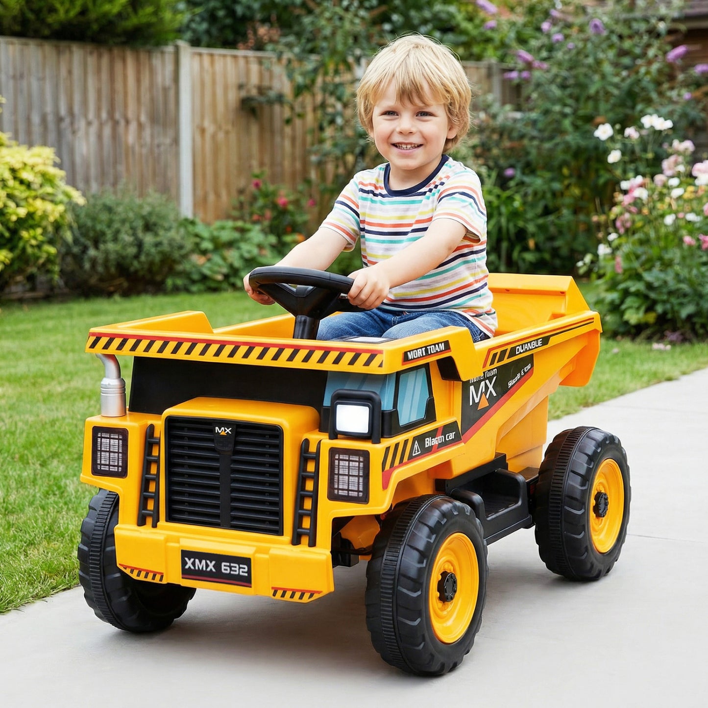 Yellow 24V construction electric ride-on vehicle with dump bed and remote control for children aged 3-8.