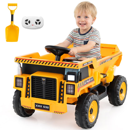 Yellow 24V construction electric ride-on vehicle with dump bed and remote control for children aged 3-8, by Wilsons Home Store.