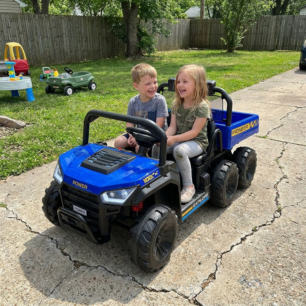 Kids ride-on dump truck with 24V electric motor, 2-seater, 4WD, toy vehicle for children, featuring a real dump bed.