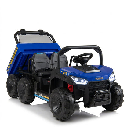 Kids riding a 24V electric ride-on dump truck with a 2-seater and 4WD, featuring an electric dump bed for outdoor play.