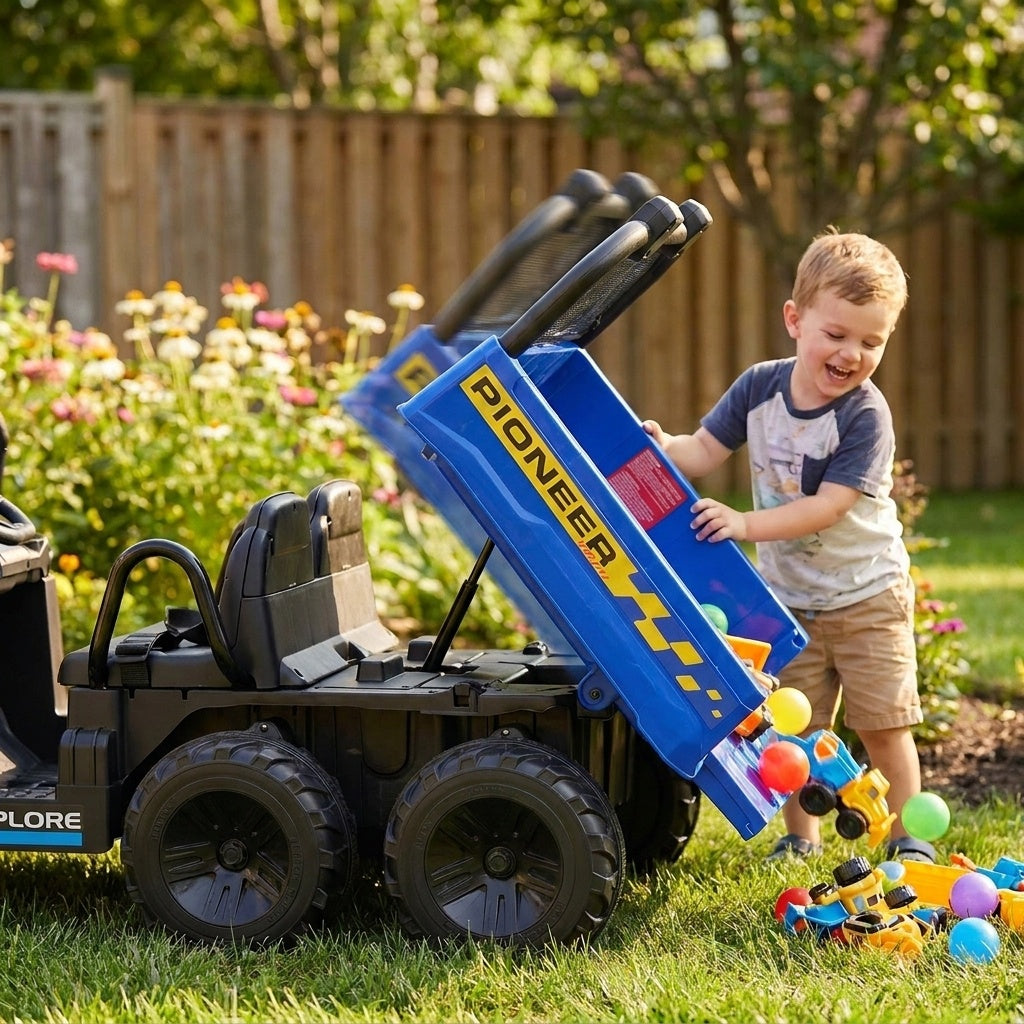 24V kids ride-on dump truck with electric dump bed, 2-seater, 4WD, durable toy for children, by Wilsons Home Store.
