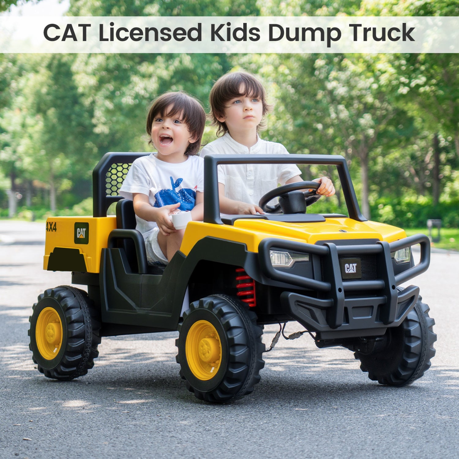 Yellow 24V Caterpillar ride-on dump truck for kids, two-seater powered toy from Wilsons Home Store, suitable for boys and girls.