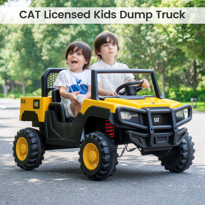 Yellow 24V Caterpillar ride-on dump truck for kids, two-seater powered toy from Wilsons Home Store, suitable for boys and girls.
