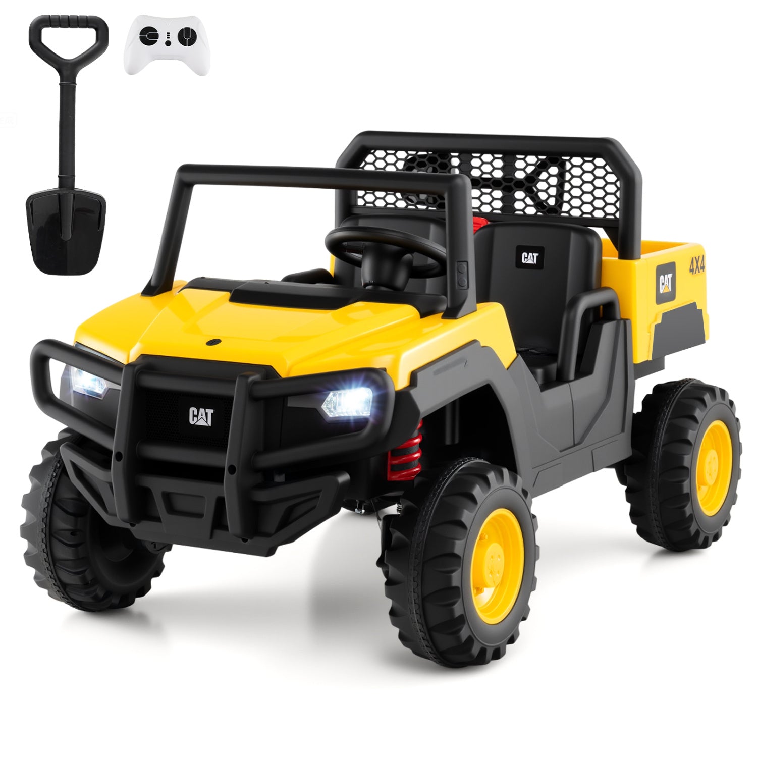 Yellow 24V Caterpillar ride-on dump truck for kids, 2-seater toy powered ride-on vehicle for girls and boys.