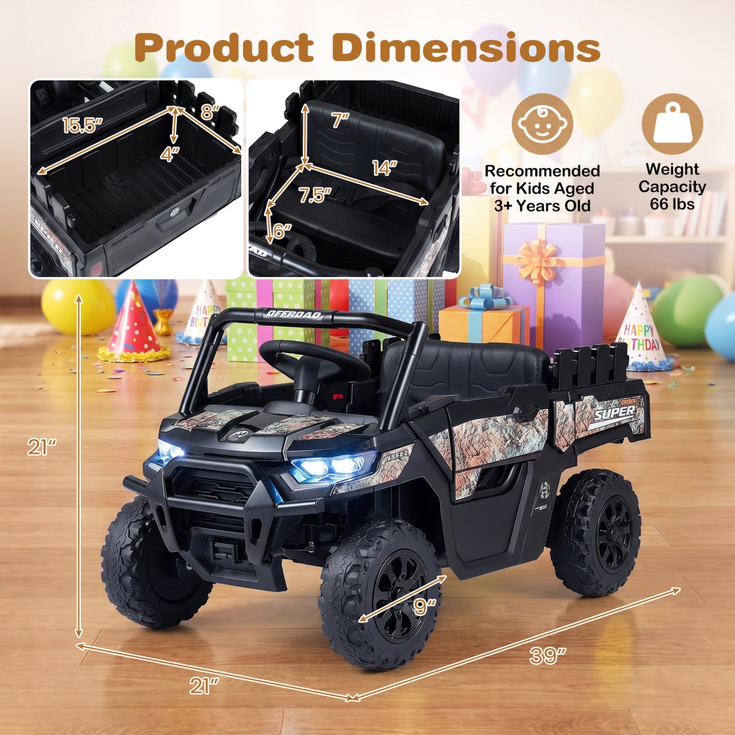 24V Ride On Dump Truck Car Off-Road with Remote Control and Music-Black