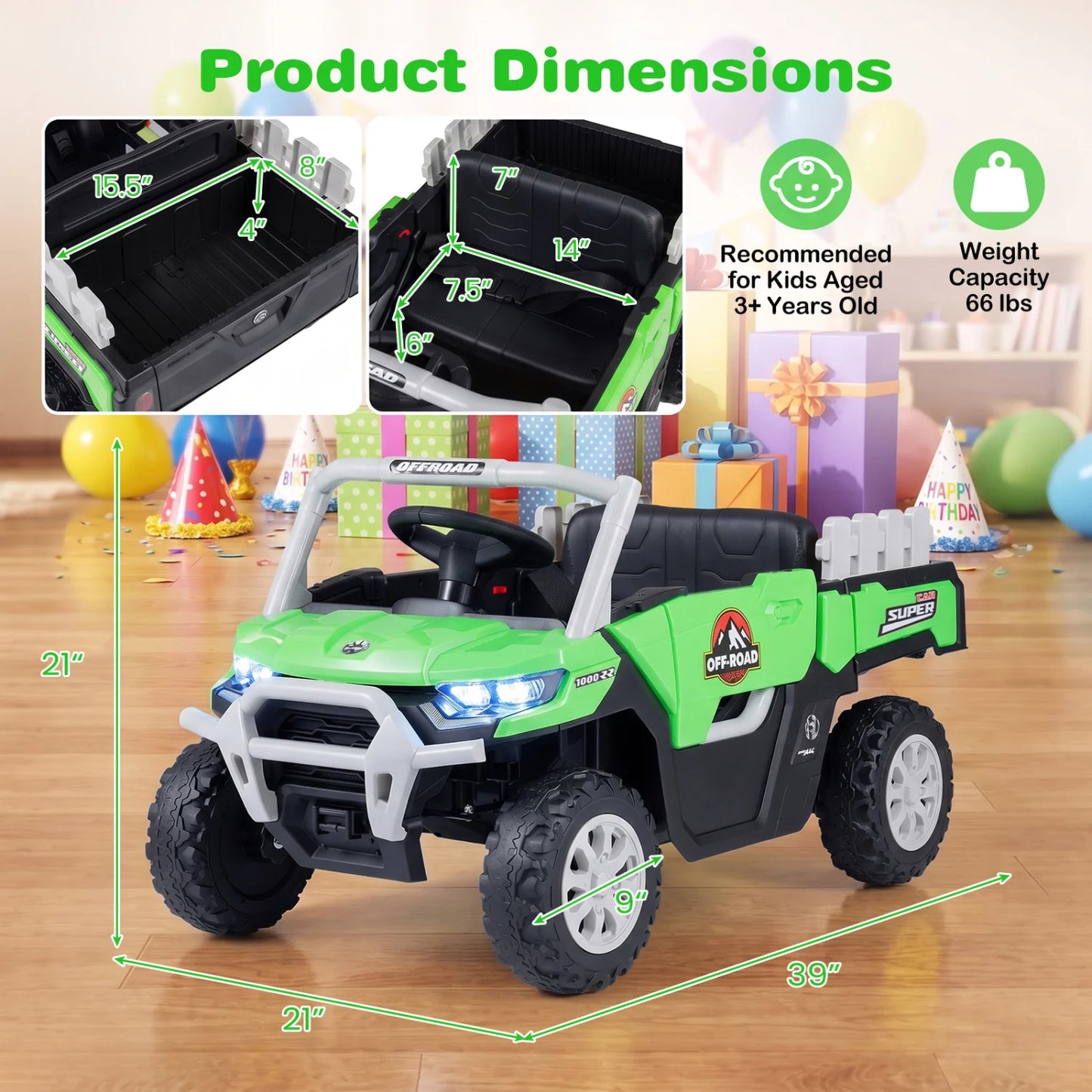 24V Ride On Dump Truck Car Off-Road with Remote Control and Music-Black
