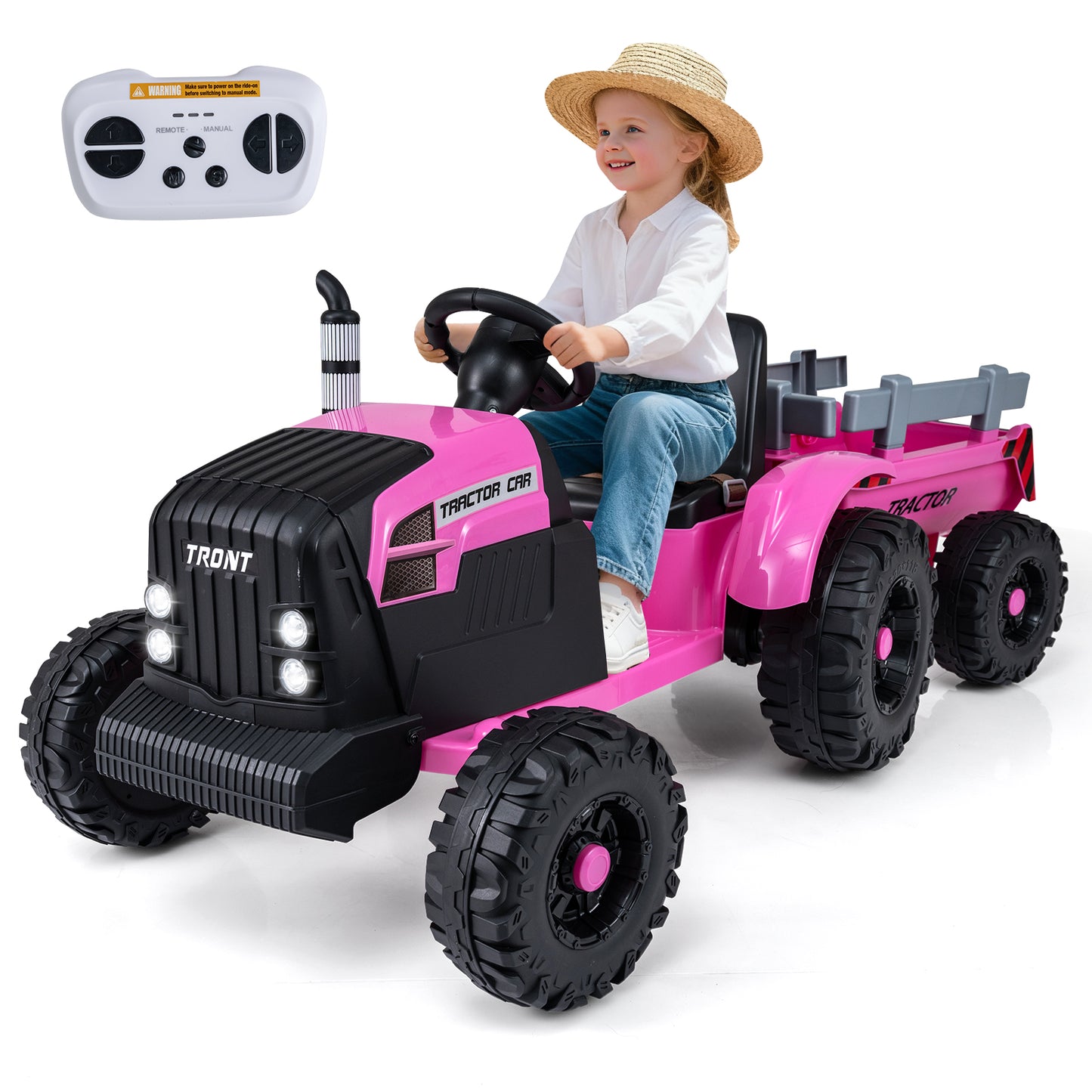 24V Ride On Tractor for Kids Electric Vehicle with Detachable Trailer and Remote Control-Dark Green